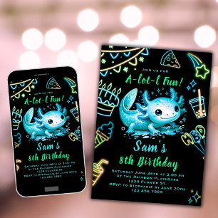 Axolotl Invitación al cumpleaños Neon Boy Axolotl
