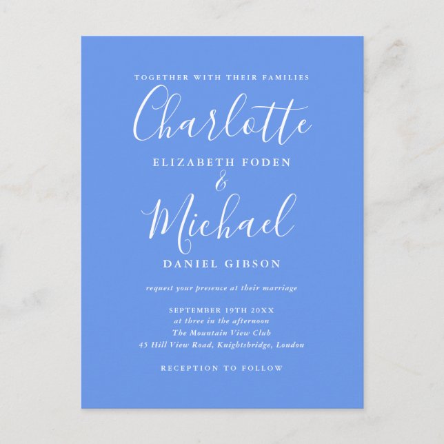 Azul Aciano Elegante Tarjeta de Boda con Letra Mod (Anverso)