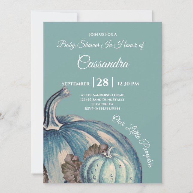 Azul acuarela Nuestra pequeña calabaza Baby Shower (Anverso)