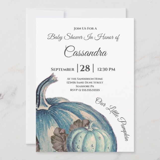 Azul acuarela Nuestra pequeña calabaza Baby Shower (Anverso)