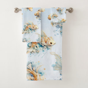 Azul acuarela Oro Blanco Koi Fish Floral