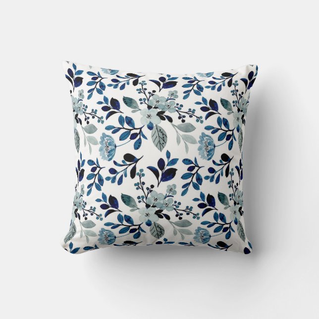 Azul acuarela patrón floral almohada de lanzamient (Anverso)