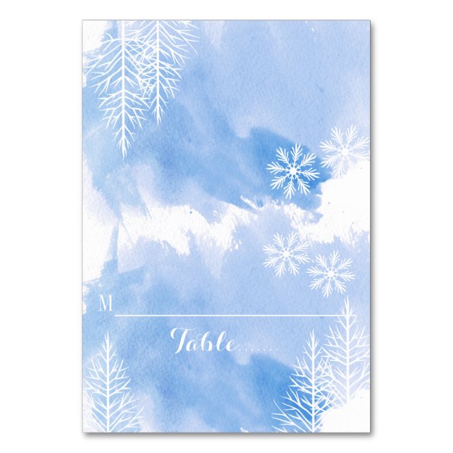Azul acuarela y árboles, tarjeta de visita de boda (Anverso)