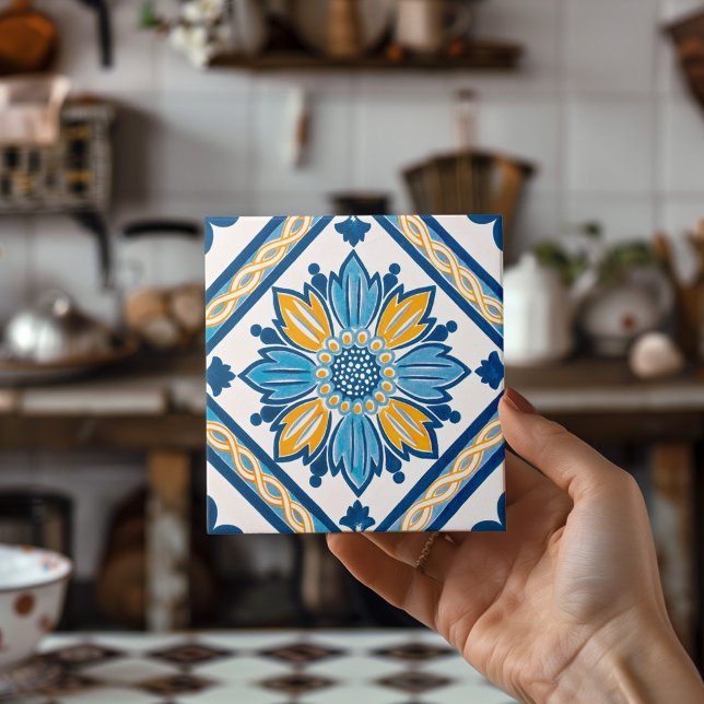 Azul Amarillo Azulejo Mediterráneo Floral Hogar De (Blue Yellow Azulejo Mediterranean Floral Home Deco Ceramic Tile)