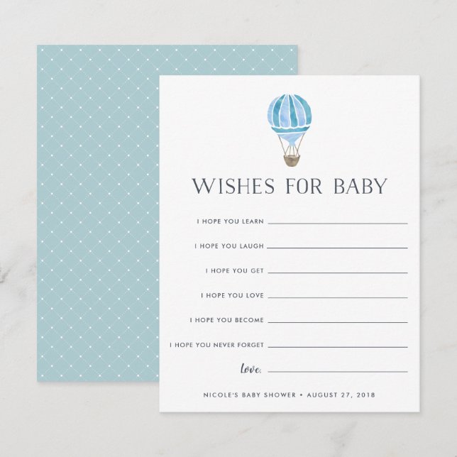 Azul | Arriba en la tarjeta Air Baby Shower Wishes (Anverso / Reverso)