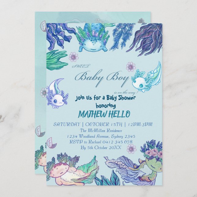 AZUL AXOLOTL Baby Shower Invitación BOY (Anverso / Reverso)