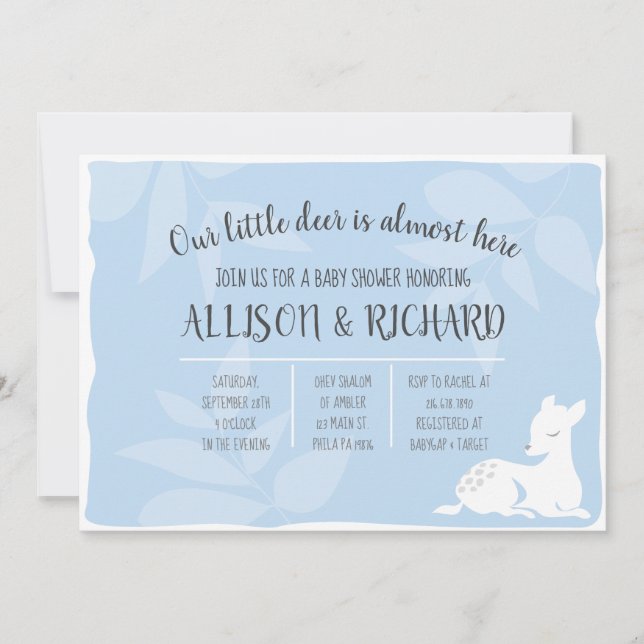 AZUL Baby Garden Deer Querida Invitación de Baby S (Anverso)