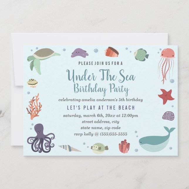 Azul bajo el mar Niños Invitación al cumpleaños (Anverso)