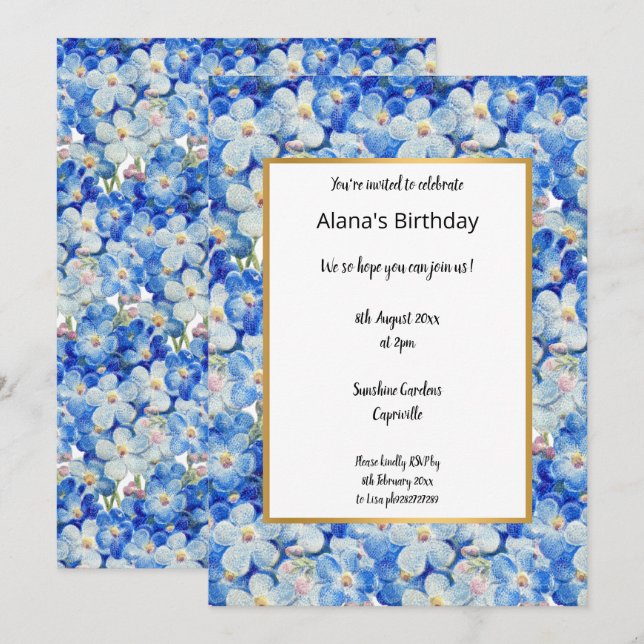 AZUL BLANCO Floral Elegante invitación de cumpleañ (Anverso / Reverso)