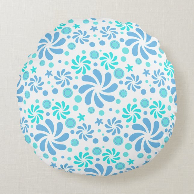 azul, blanco y turquesa almohada redonda (Anverso)