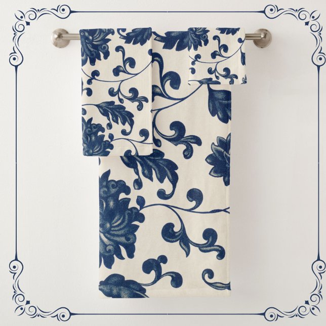 Azul botánico vintage + Floral patrón blanco (Elegant blue + creamy white vintage swirling floral pattern towels to freshen up your bathroom décor)