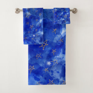 Azul caprichoso acuarela luna estrellas bronce dor