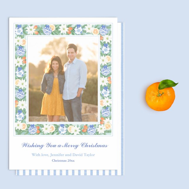Azul Chinoiserie Moda Citrus Merry Navidad Foto (Blue And White Chinoiserie With Citrus Greenery Frame Family Picture Holidays Card)