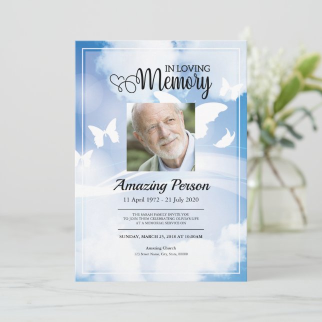 Azul cielo Funeral orden de servicio Invitación (Anverso de pie)