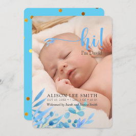 Azul claro "Hi" con hojas Anuncio de nacimiento