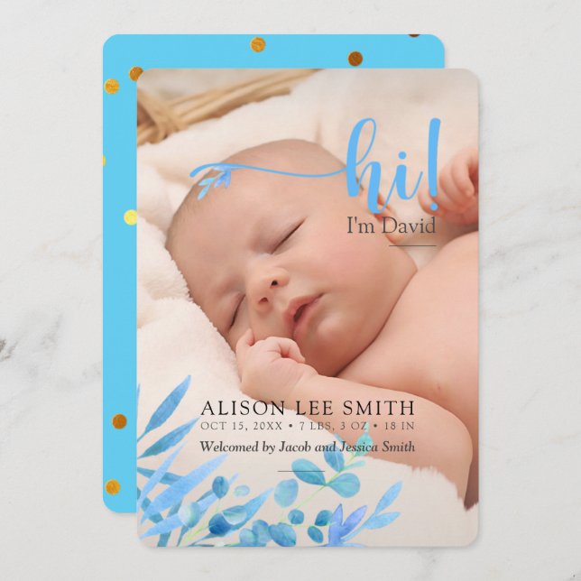 Azul claro "Hi" con hojas Anuncio de nacimiento (Anverso / Reverso)