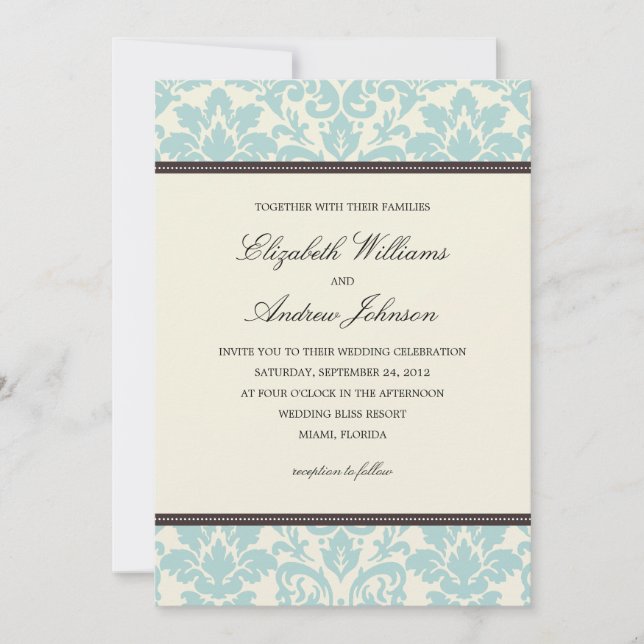 AZUL CLASSY DAMASK| INVITACIÓN DE BODA (Anverso)