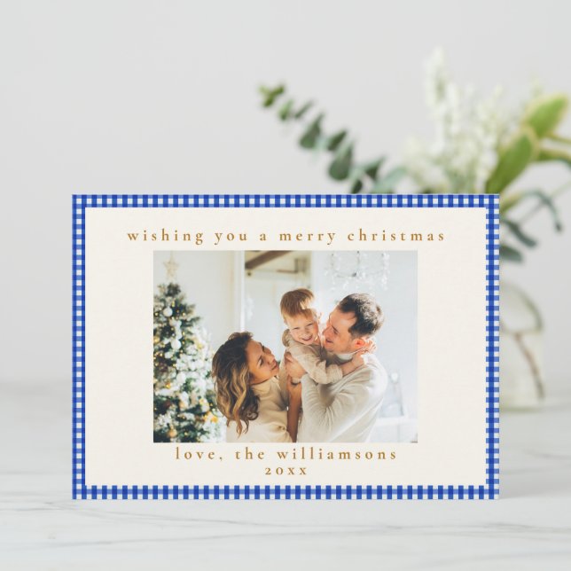 Azul Cobalto Blanco Cuadro de Gingham Navidad Fami (Anverso de pie)