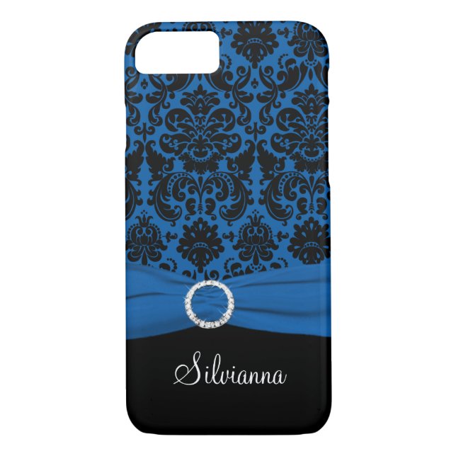 Azul cobalto, negro, blanco Damask iPhone 7 funda (Reverso)