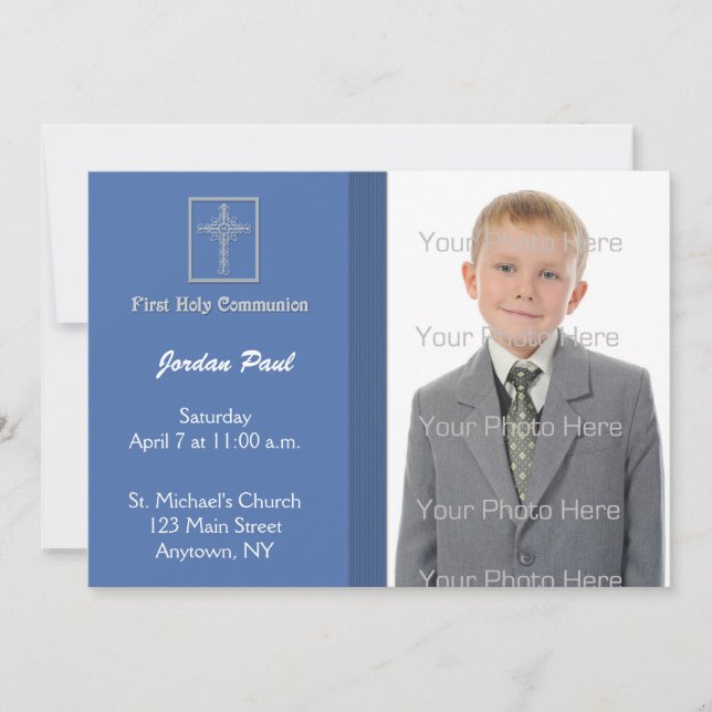 Azul comunión con franjas invitación (Anverso)