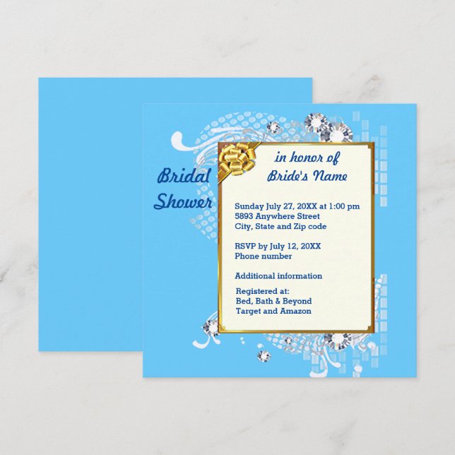 Azul con diamantes de marco Invitación a la ducha  (Anverso / Reverso)