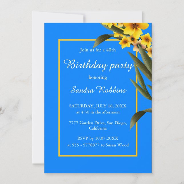 Azul con invitación de cumpleaños de flores amaril (Anverso)