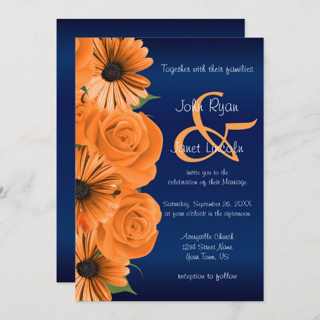 Azul con invitaciones de boda Naranja Rosa y march (Anverso / Reverso)