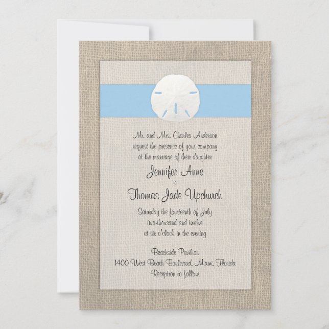 Azul de cielo de la invitación de la boda de playa (Anverso)