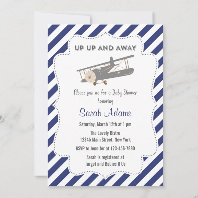 Azul de invitación a Baby Shower de avión vintage (Anverso)
