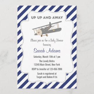 Azul de invitación a Baby Shower de avión vintage