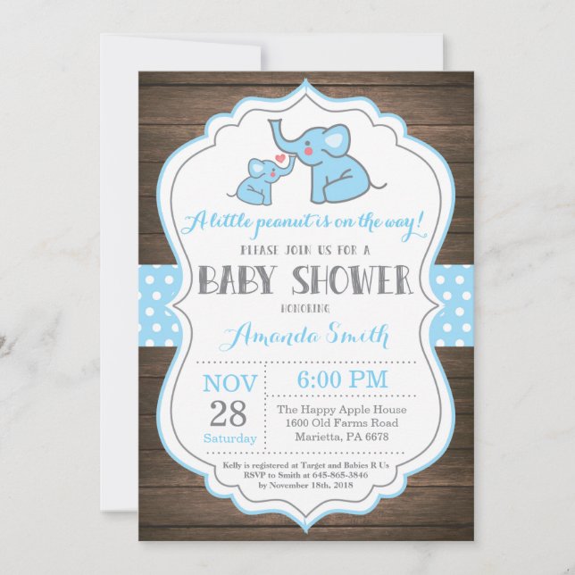 Azul de la invitación a Baby Shower para elefantes (Anverso)