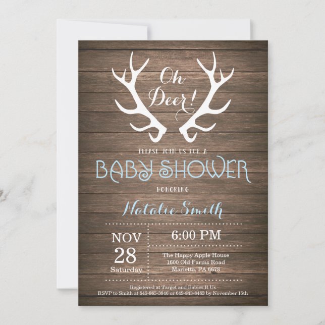 Azul de la invitación a Baby Shower Rustic Deer An (Anverso)