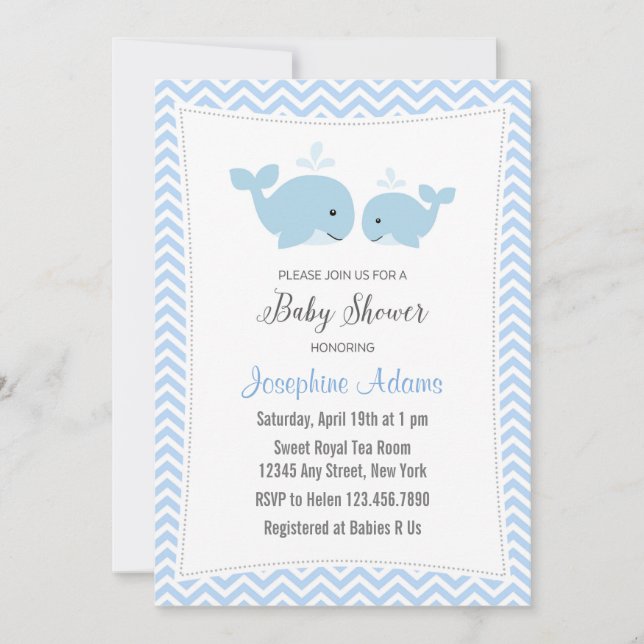 Azul de la invitación de Baby Shower de la ballena (Anverso)