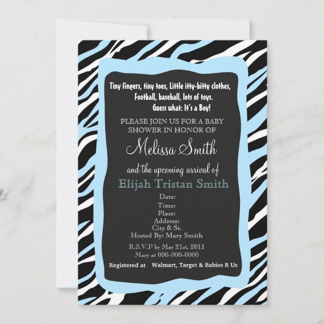 Azul de la invitación de Baby Shower del estampado (Anverso)