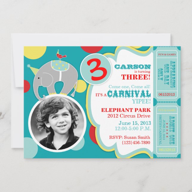 Azul de la invitación del cumpleaños del elefante (Anverso)