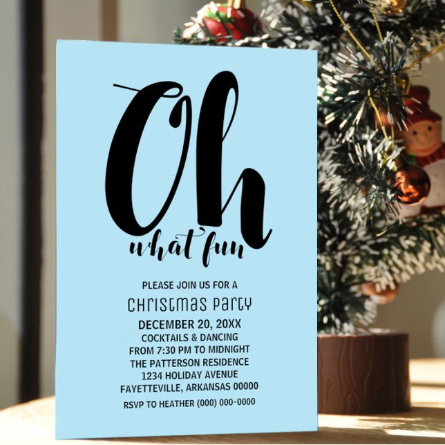 Azul de luz negra Oh Qué divertido invitación de f (Black and Light Blue Oh What Fun Holiday Party Invite)