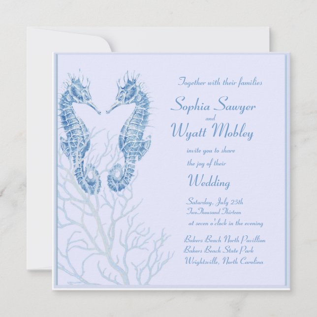 azul del boda de playa del seahorse - invitación (Anverso)