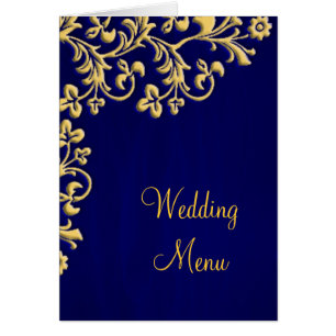 Azul del menú de la boda y tarjeta del brocado del