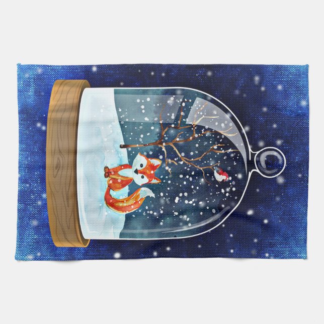 Azul del zorro del navidad de la toalla de cocina (Horizontal)