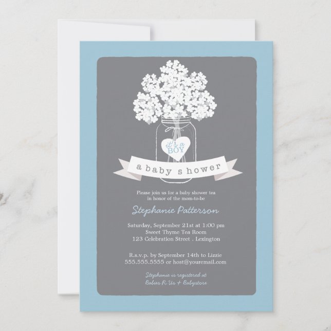 Azul dulce mason jar| Invitación gris a Baby Showe (Anverso)