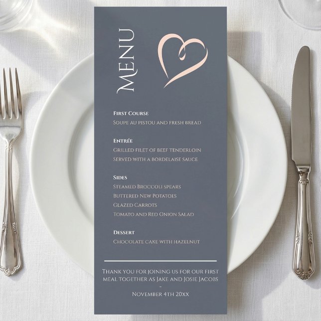 Azul elegante moderno con menú de mesa de corazón  (Modern elegant blue with pink heart table menu.)