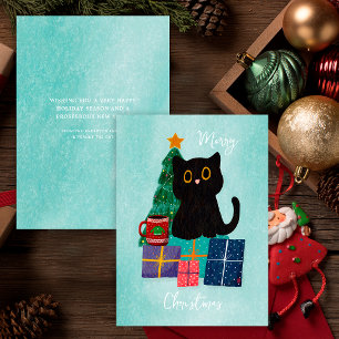 Azul Festivo Feliz Navidad Gato Negro Lindo Café