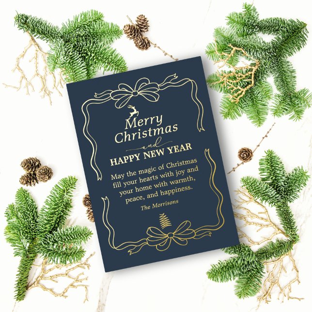Azul festivo - Tarjeta de vacaciones de Relieve me (Festive Blue - Modern Bow Family Foil Holiday Card)