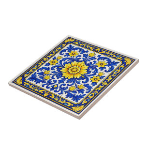 Azul Flor Dourada — Floral Azulejo 