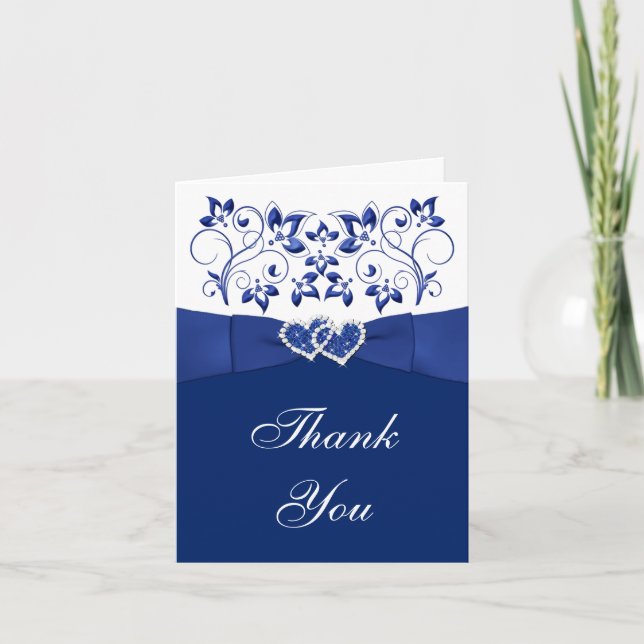 Azul, Floral blanca, corazón Boda Gracias Tarjeta (Anverso)