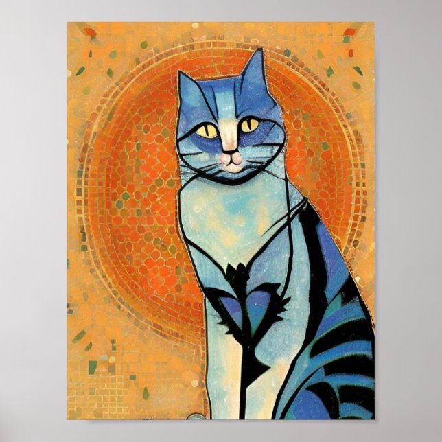 Azul gato mosaico marroquí arte abstracto sol dora (Frente)