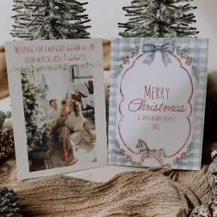 Azul Gingham Bayas de Acebo Floral Lazo Navidad