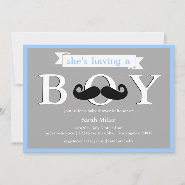 Azul gris - Boy Mustache Invitación Baby Shower (Anverso)