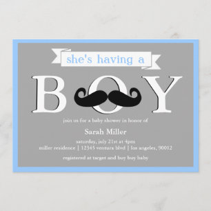 Azul gris - Boy Mustache Invitación Baby Shower