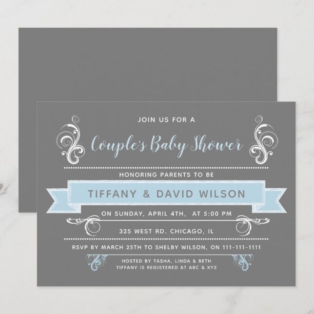 azul gris Parejas Bebé ducha Invitación (Anverso / Reverso)